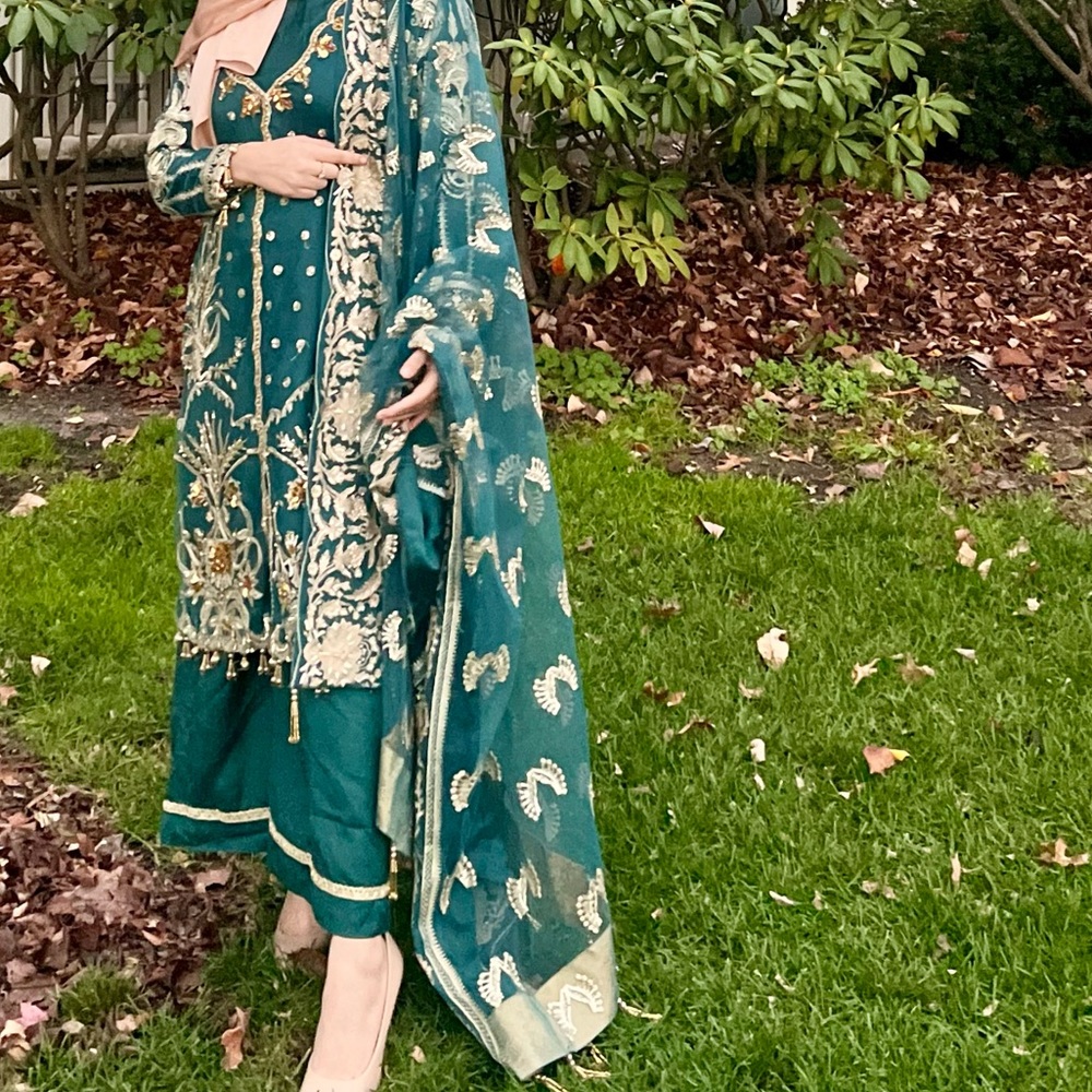 Zarposh Designer Green Gold Pakistani Indian Medium Suit Formal Sharara